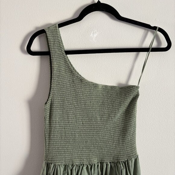 Nation LTD Women XS Green Pima Cotton Connie One Shoulder Smocked Midi Dress NWT - Picture 8 of 14